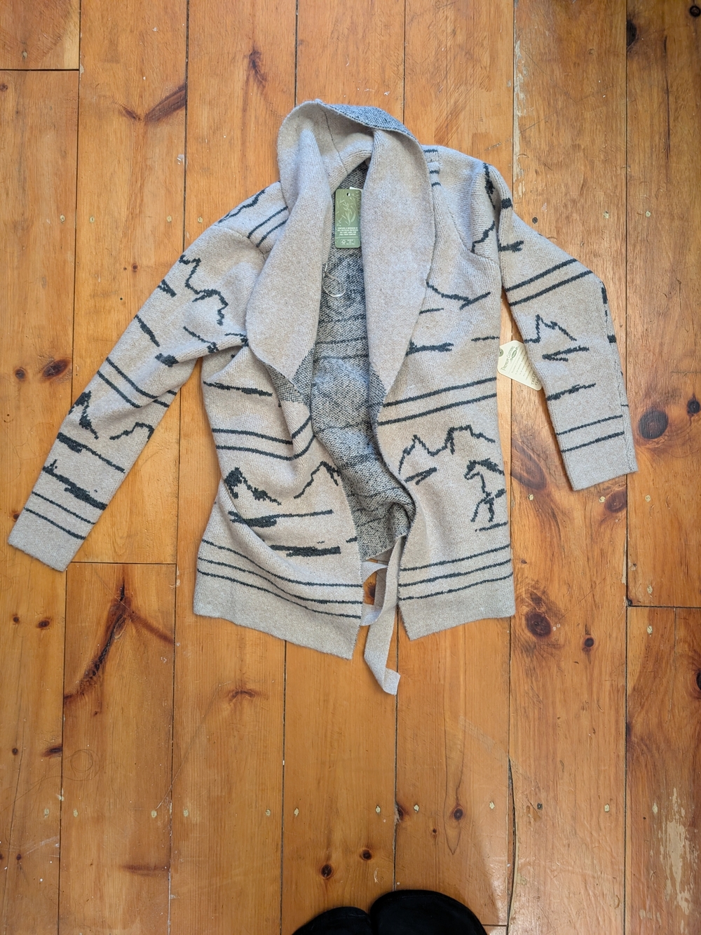 Telluride Cozy Hooded Open-Front Sweater Cardigan - Beige w/ Black Pattern L NWT